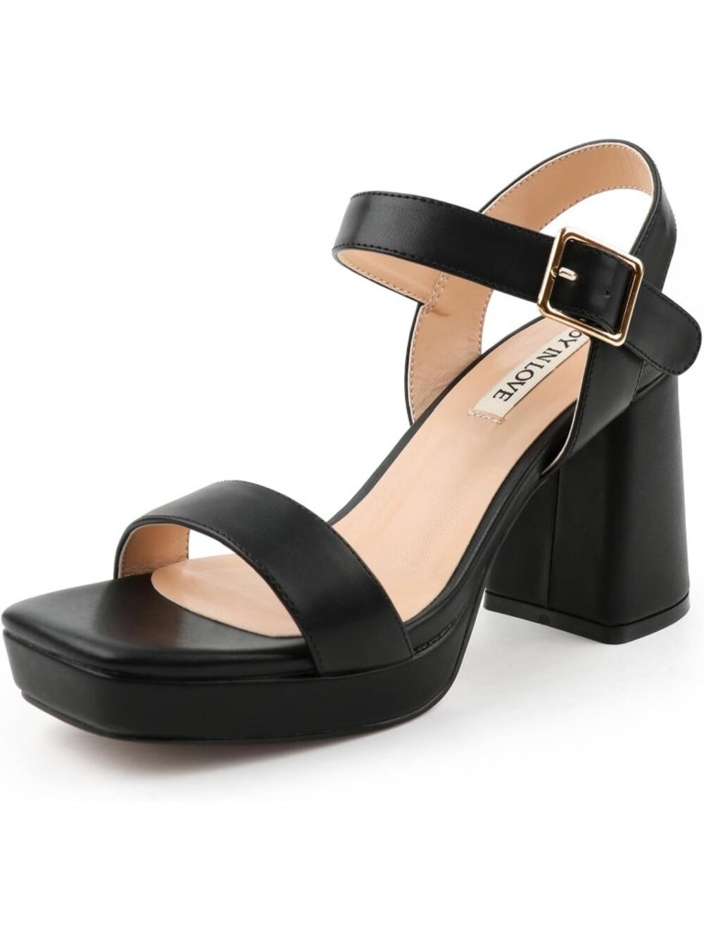 Women's Black Square Open Toe Adjustable Ankle Strap Chunky Block Heel Sandals